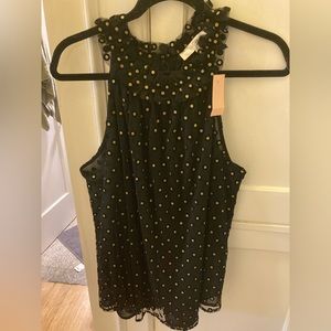 NWT Loft Halter Neck sheer black top with gold polka dots. Size 16
